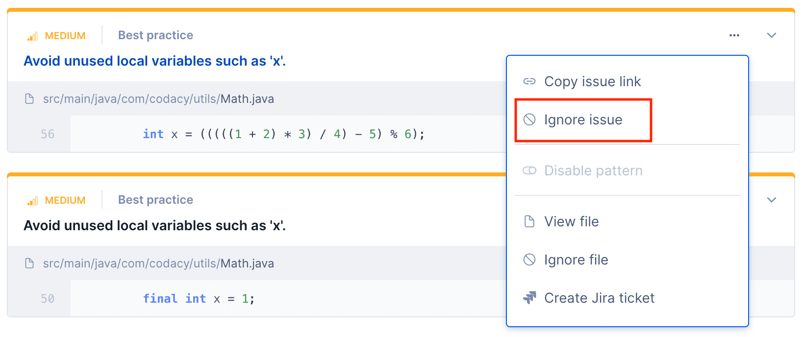 Issue reason menu